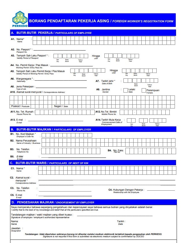 foreign worker perkeso registration form